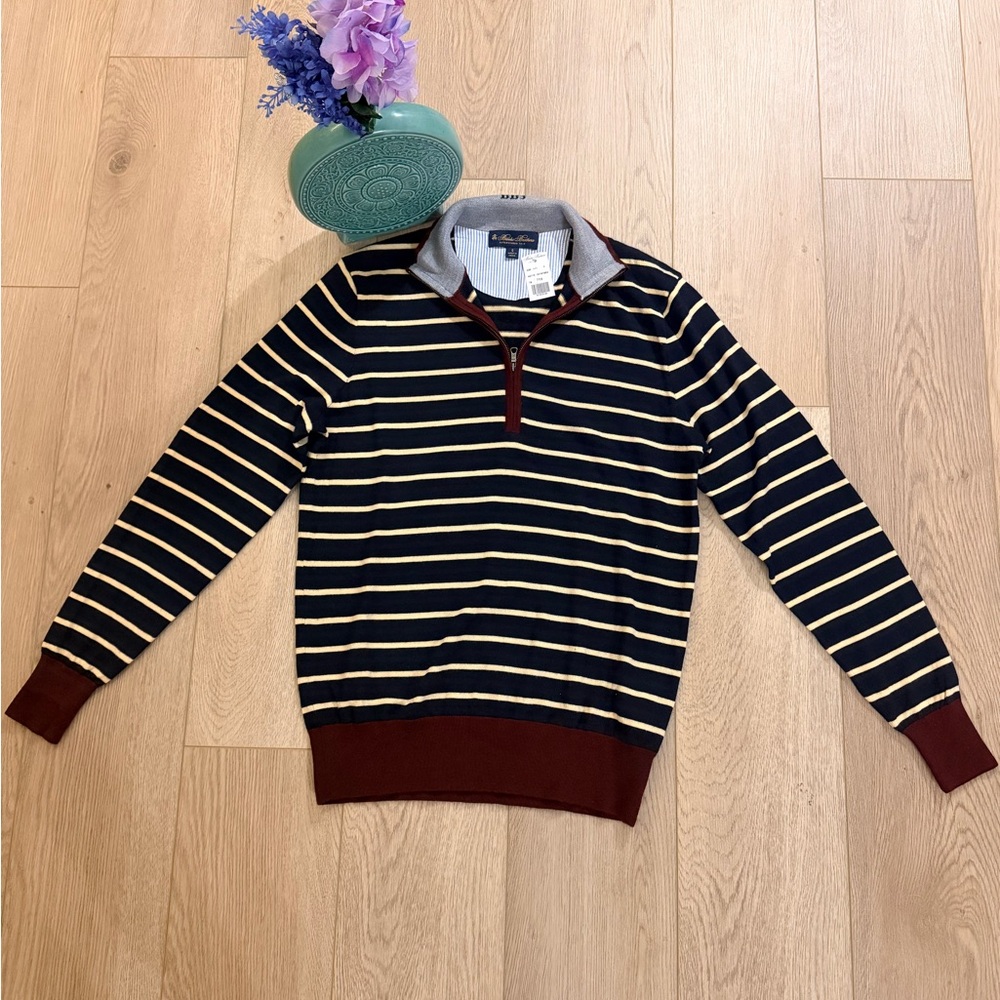 Brooks Brothers Men's Zip-Up Sweater - Navy and Cream Stripes Size S NWT - Picture 2 of 6